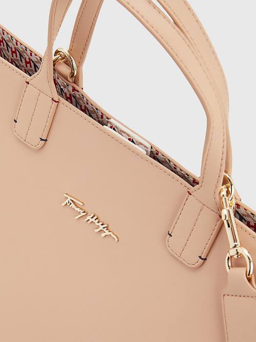 Tommy Hilfiger Iconic Signature Satchel Tassen Dames Beige | TH467STX