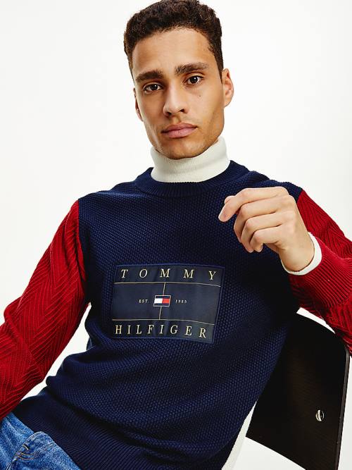 Tommy Hilfiger Icons Colour-Blocked Mixed Knit Jumper Truien Heren Blauw | TH153TWZ