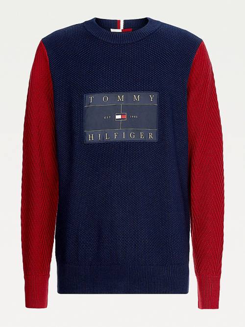 Tommy Hilfiger Icons Colour-Blocked Mixed Knit Jumper Truien Heren Blauw | TH153TWZ