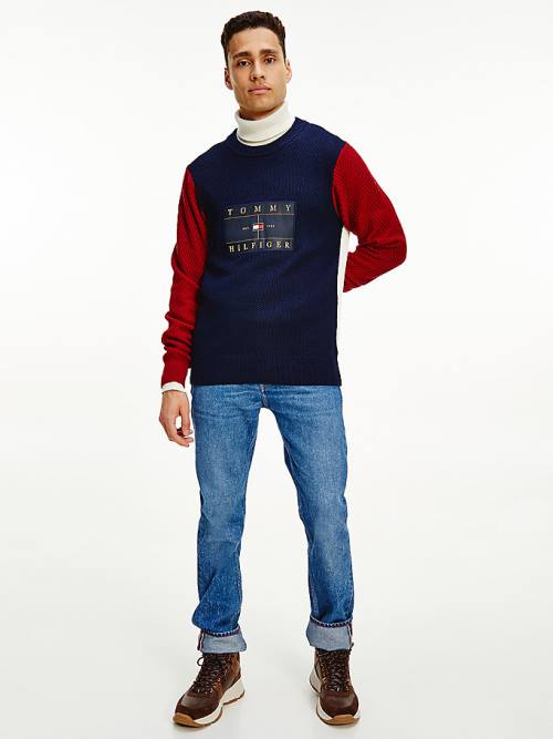 Tommy Hilfiger Icons Colour-Blocked Mixed Knit Jumper Truien Heren Blauw | TH153TWZ