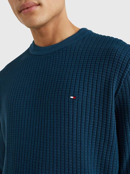 Tommy Hilfiger Knitted Grid Check Crew Neck Jumper Truien Heren Blauw | TH371GZB