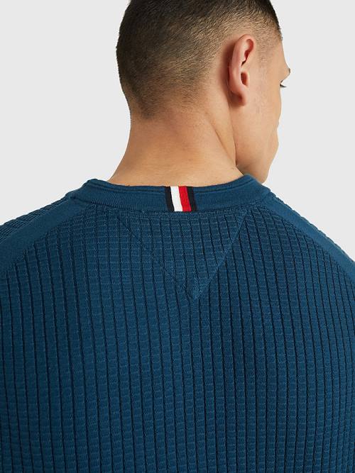 Tommy Hilfiger Knitted Grid Check Crew Neck Jumper Truien Heren Blauw | TH371GZB