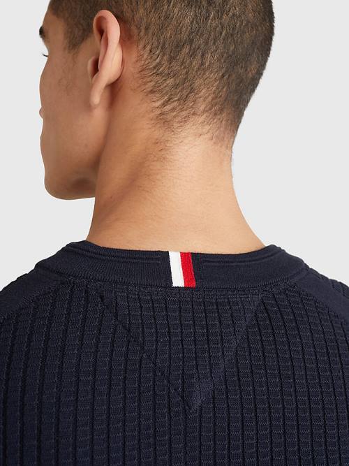 Tommy Hilfiger Knitted Grid Check Crew Neck Jumper Truien Heren Blauw | TH423NQL