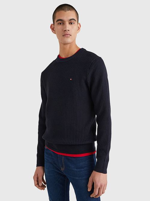 Tommy Hilfiger Knitted Grid Check Crew Neck Jumper Truien Heren Blauw | TH423NQL