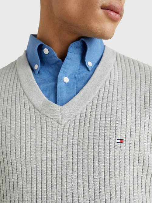 Tommy Hilfiger Knitted Grid Check V-Neck Jumper Truien Heren Grijs | TH458LEF