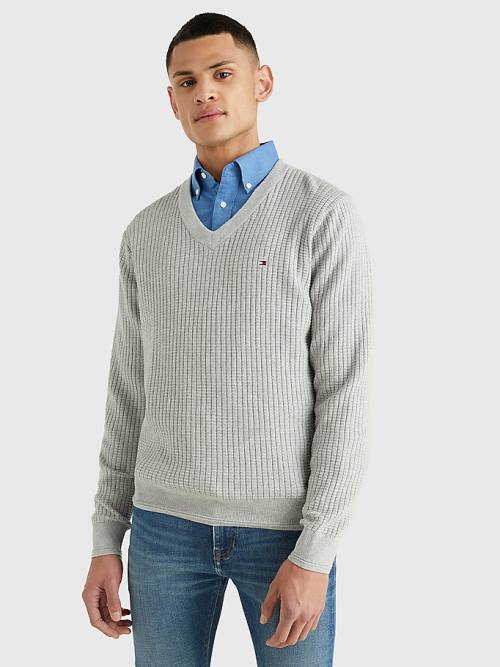 Tommy Hilfiger Knitted Grid Check V-Neck Jumper Truien Heren Grijs | TH458LEF