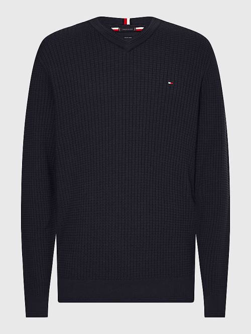 Tommy Hilfiger Knitted Grid Check V-Neck Jumper Truien Heren Blauw | TH542XMB