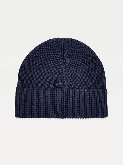 Tommy Hilfiger Knitted Organic Katoenen Badge Beanie Hoeden Heren Blauw | TH867YKE