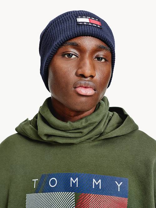 Tommy Hilfiger Knitted Organic Katoenen Badge Beanie Hoeden Heren Blauw | TH867YKE