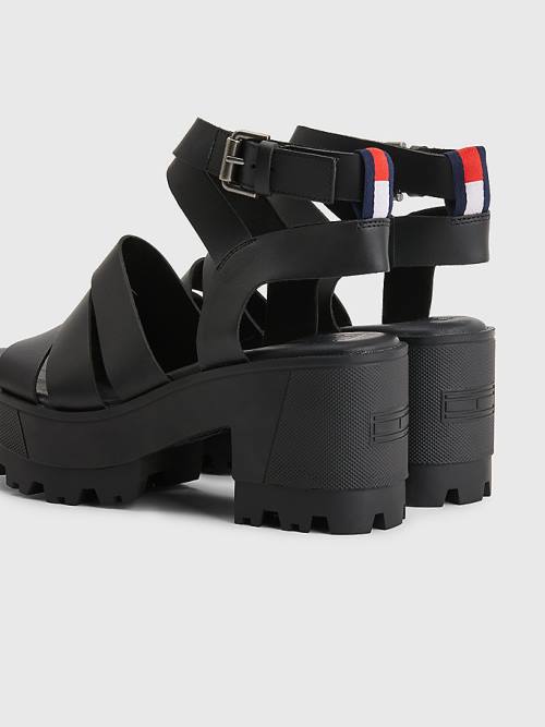 Tommy Hilfiger Leren Block Heel Sandalen Dames Zwart | TH319CTW