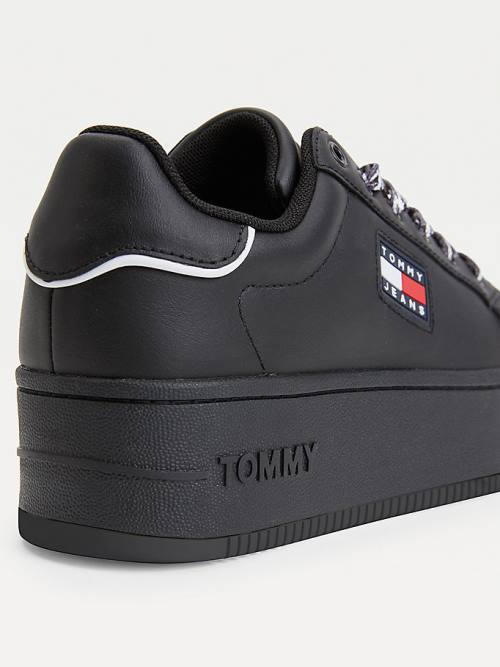 Tommy Hilfiger Leren Flatform Cupsole Sneakers Dames Zwart | TH643DWB