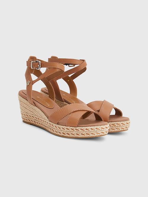 Tommy Hilfiger Leren Low Wedge Sandalen Dames Bruin | TH653FAC