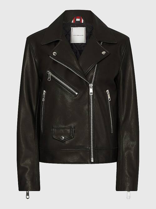 Tommy Hilfiger Leren Zip-Thru Biker Jassen Dames Zwart | TH813VJG