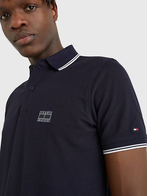 Tommy Hilfiger Logo Contrast Tipped Slim Poloshirt Heren Blauw | TH970XCJ