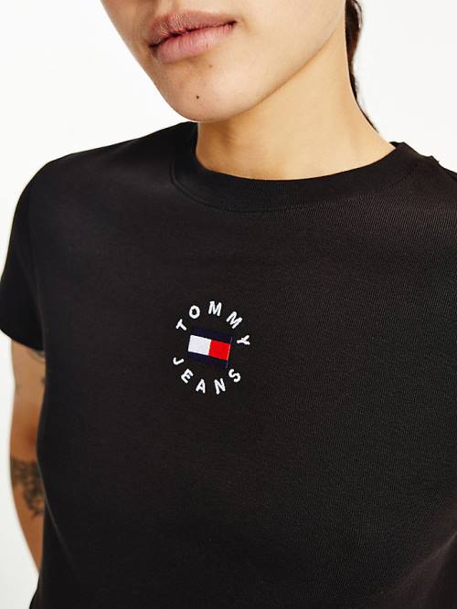 Tommy Hilfiger Logo Embroidery Cropped T-shirts Dames Zwart | TH037QXA