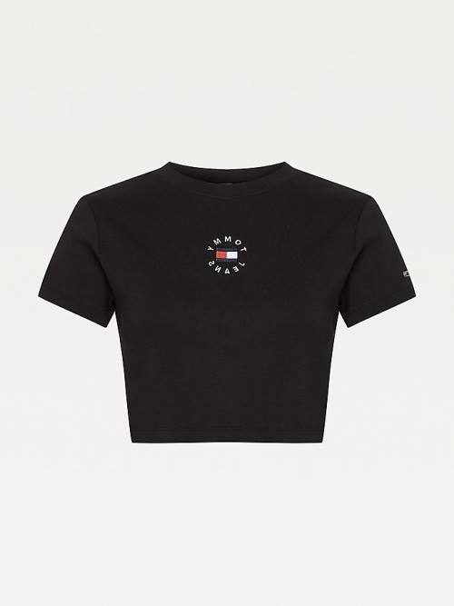 Tommy Hilfiger Logo Embroidery Cropped T-shirts Dames Zwart | TH037QXA