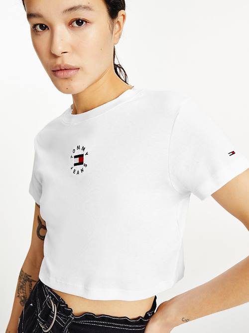 Tommy Hilfiger Logo Embroidery Cropped T-shirts Dames Wit | TH593NBU