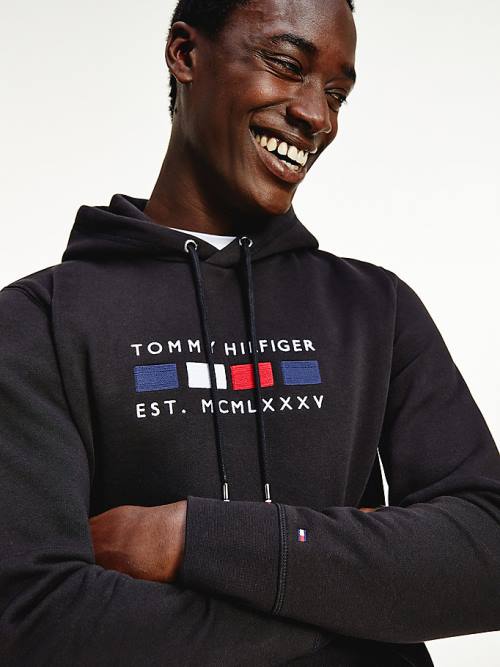 Tommy Hilfiger Logo Embroidery Fleece Hoodie Heren Zwart | TH052ZQM