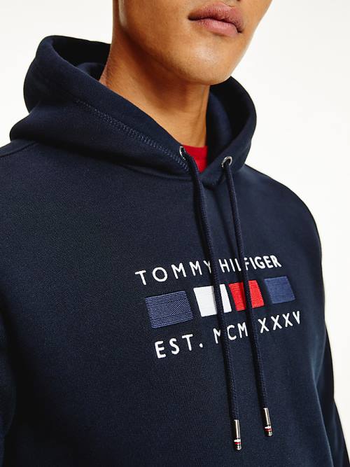 Tommy Hilfiger Logo Embroidery Fleece Hoodie Heren Blauw | TH510RIU