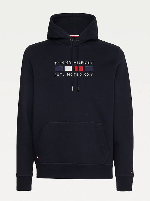 Tommy Hilfiger Logo Embroidery Fleece Hoodie Heren Blauw | TH510RIU