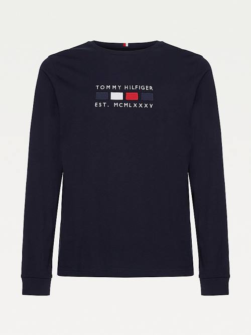 Tommy Hilfiger Logo Embroidery Long Sleeve T-shirts Heren Blauw | TH925VYD