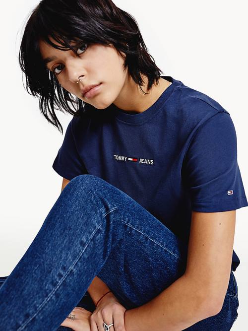 Tommy Hilfiger Logo Embroidery Organic Katoenen T-shirts Dames Blauw | TH074OAG