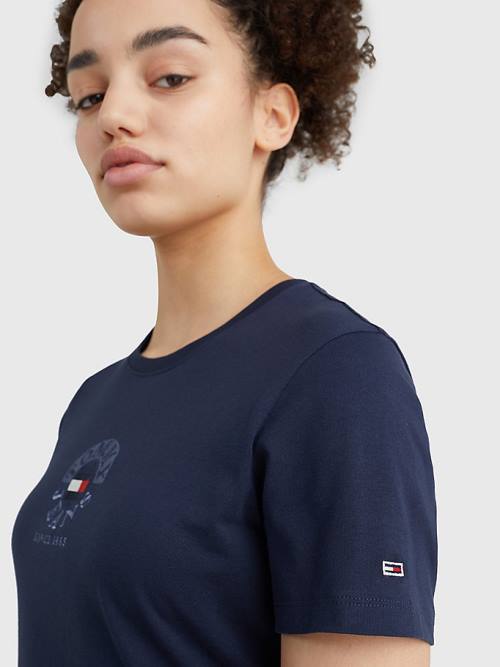 Tommy Hilfiger Logo Embroidery Slim Fit T-shirts Dames Blauw | TH583JDR