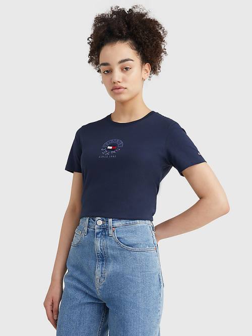 Tommy Hilfiger Logo Embroidery Slim Fit T-shirts Dames Blauw | TH583JDR