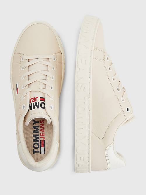 Tommy Hilfiger Logo Leren Cupsole Sneakers Dames Beige | TH156JWD