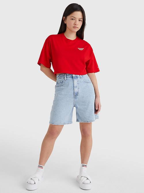 Tommy Hilfiger Logo Tape Oversized Cropped T-shirts Dames Rood | TH701GEN