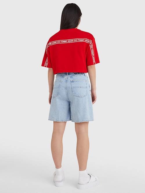 Tommy Hilfiger Logo Tape Oversized Cropped T-shirts Dames Rood | TH701GEN