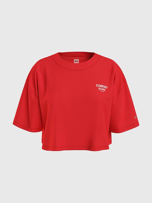 Tommy Hilfiger Logo Tape Oversized Cropped T-shirts Dames Rood | TH701GEN