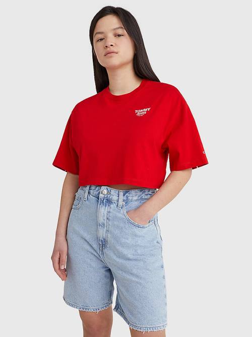 Tommy Hilfiger Logo Tape Oversized Cropped T-shirts Dames Rood | TH701GEN