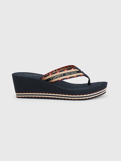 Tommy Hilfiger Logo Webbing High Wedge Flip-Flops Sandalen Dames Blauw | TH538UWC