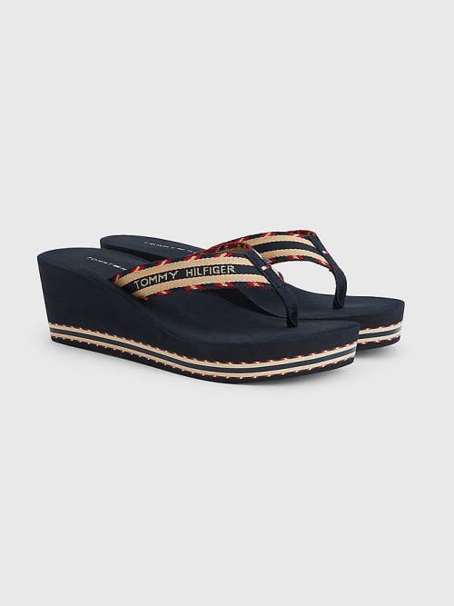 Tommy Hilfiger Logo Webbing High Wedge Flip-Flops Sandalen Dames Blauw | TH538UWC