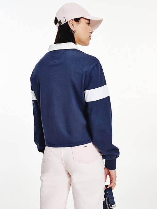 Tommy Hilfiger Long Sleeve Cropped Stripe Rugby Shirt Poloshirt Dames Blauw | TH560FMP