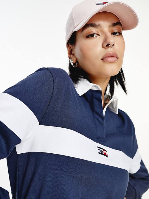 Tommy Hilfiger Long Sleeve Cropped Stripe Rugby Shirt Poloshirt Dames Blauw | TH560FMP