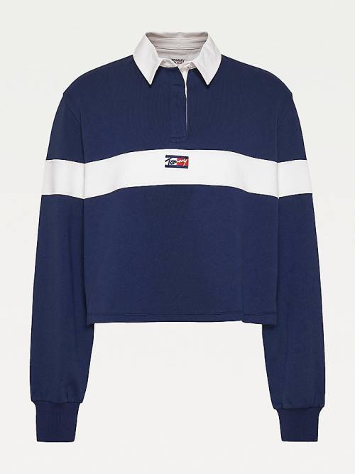 Tommy Hilfiger Long Sleeve Cropped Stripe Rugby Shirt Poloshirt Dames Blauw | TH560FMP