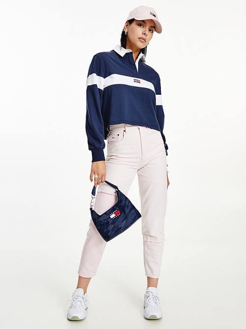 Tommy Hilfiger Long Sleeve Cropped Stripe Rugby Shirt Poloshirt Dames Blauw | TH560FMP