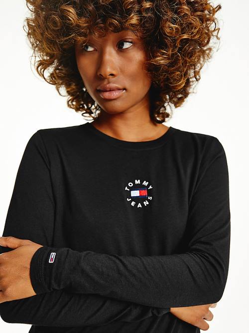 Tommy Hilfiger Long Sleeve Logo Slim Fit T-shirts Dames Zwart | TH790JEW