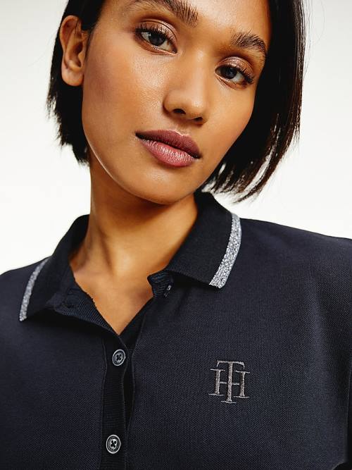 Tommy Hilfiger Long Sleeve Metallic Trim Poloshirt Dames Zwart | TH457AER