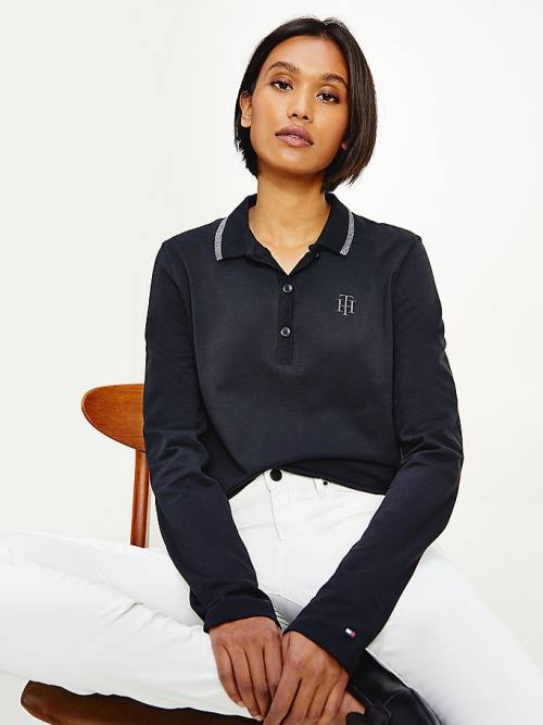 Tommy Hilfiger Long Sleeve Metallic Trim Poloshirt Dames Zwart | TH457AER