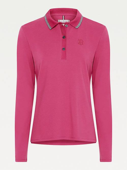 Tommy Hilfiger Long Sleeve Metallic Trim Poloshirt Dames Rood | TH560MOT