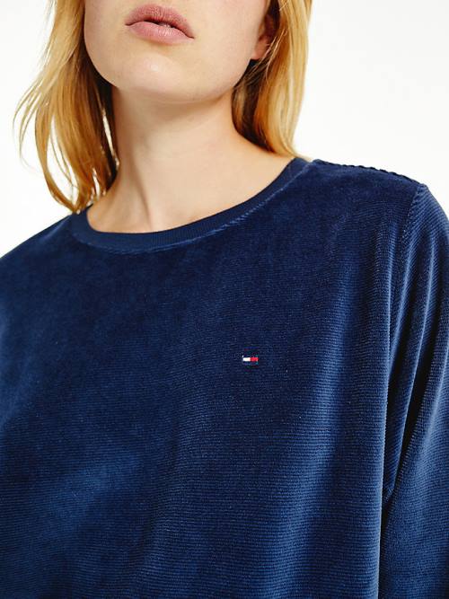 Tommy Hilfiger Lounge Logo Tape Velour Sweatshirt T-shirts Dames Blauw | TH742PDT