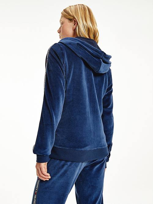 Tommy Hilfiger Lounge Rib-Knit Velour Hoodie Dames Blauw | TH180MVZ