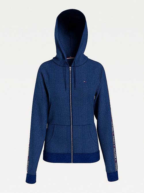 Tommy Hilfiger Lounge Rib-Knit Velour Hoodie Dames Blauw | TH180MVZ