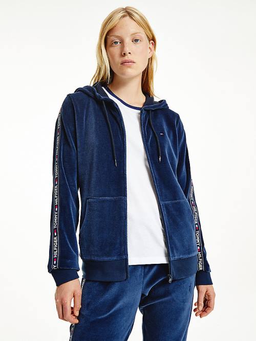 Tommy Hilfiger Lounge Rib-Knit Velour Hoodie Dames Blauw | TH180MVZ