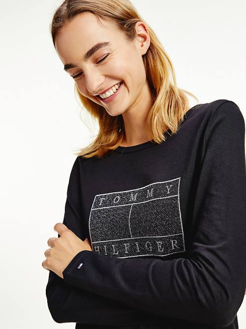 Tommy Hilfiger Metallic Flag Long Sleeve T-shirts Dames Zwart | TH053NDV