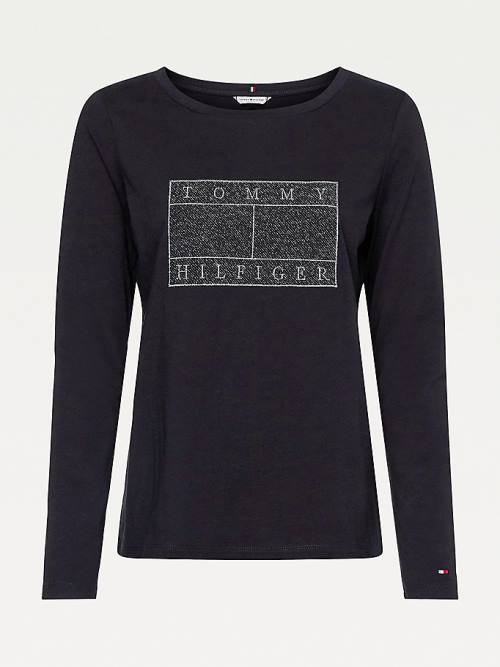 Tommy Hilfiger Metallic Flag Long Sleeve T-shirts Dames Zwart | TH053NDV