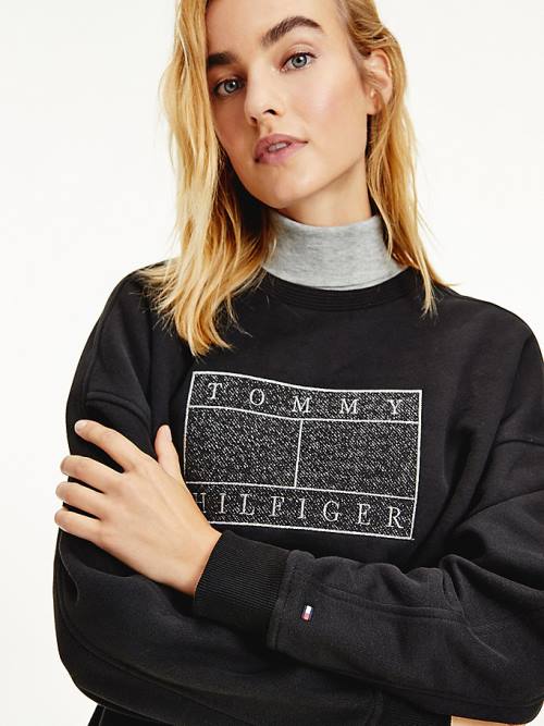 Tommy Hilfiger Metallic Logo Relaxed Crew Neck Sweatshirts Dames Zwart | TH736AOR